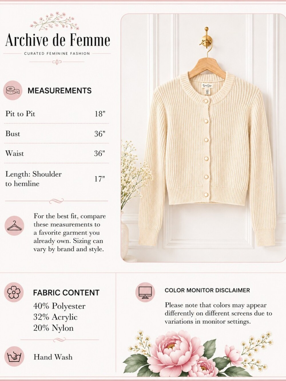 Jessica Simpson Cream Pearl Button Cropped Cardigan Size M | Rib Knit Sweater - Picture 8 of 11